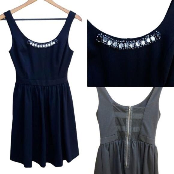Princess Vera Wang Mini Fit & Flare Dress Rhinestone Neck Mesh Cutout Black Sz S - Picture 1 of 11